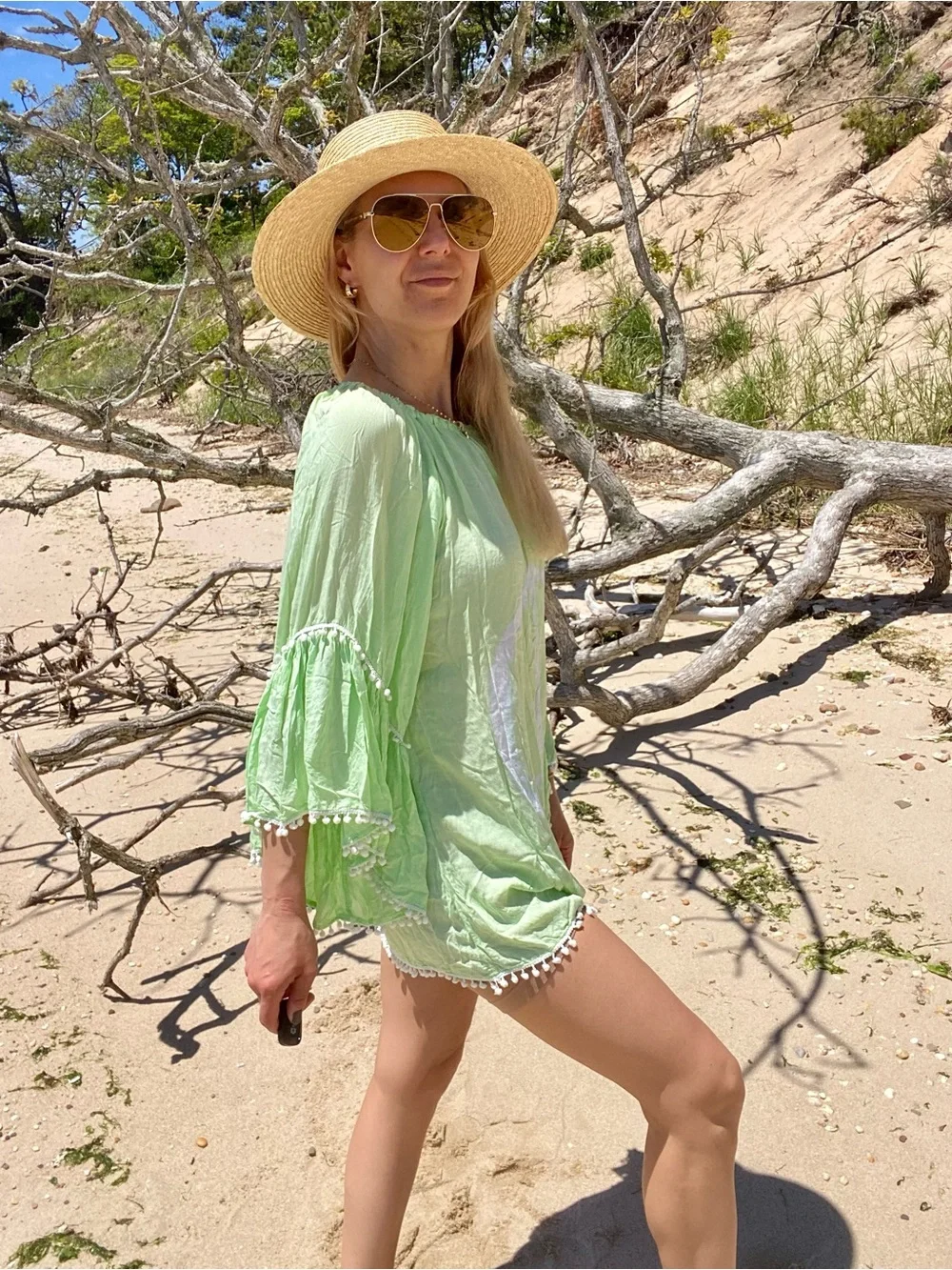 BOHO Lime Green Off-Shoulder Pom Pom Beach Cover-Up! 🐚